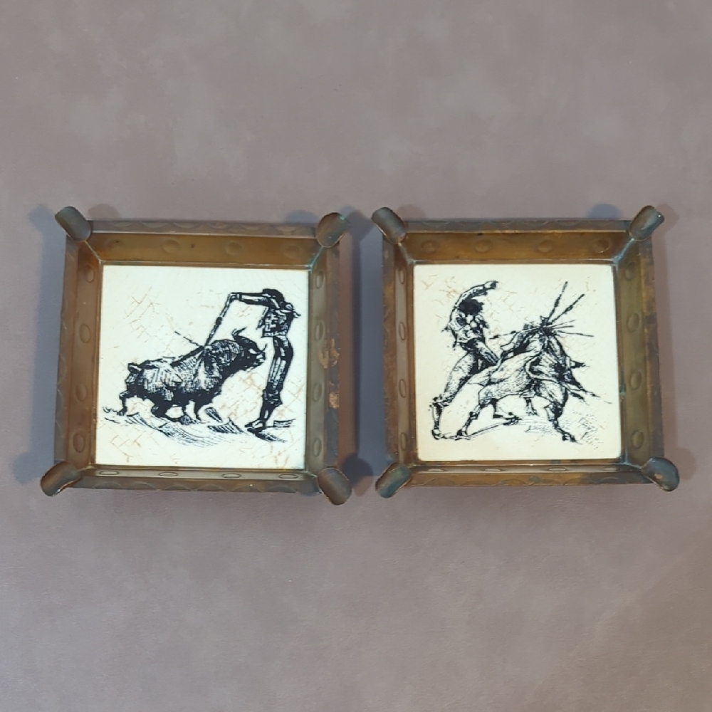 2 Ciasa Hecho En Mexico Ceramic Tile Trinket With Bullfighters Set In Copper
